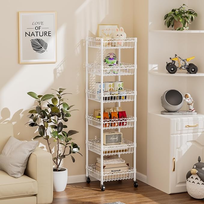 SINGAYE Shelf 6 Tier Wire Shelving Unit with Wheels Baskets Storage Rack Corner Shelves Adjustable Closet Bathroom Organizers Metal Pantry Kitchen Garage Laundry Room 13.5" D x 13.5" W x 63" H White