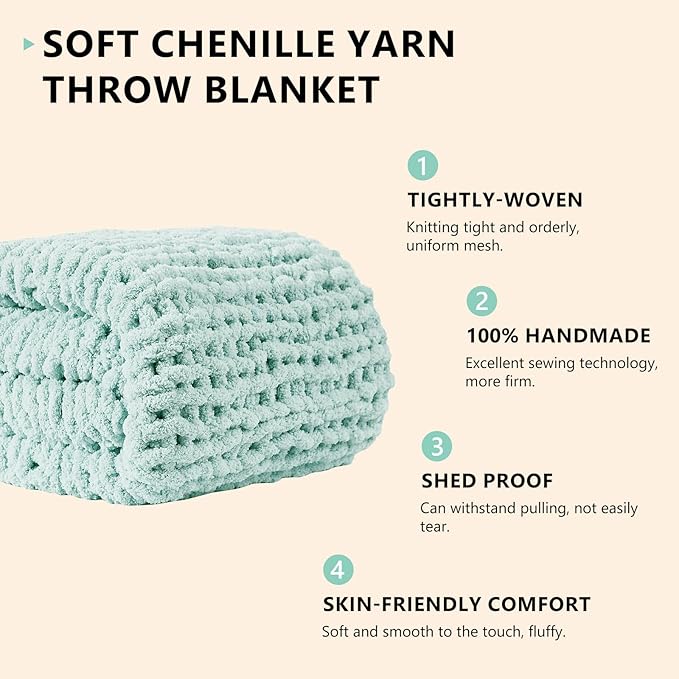 L'AGRATY Chunky Knit Blanket Throw: 60''x80'' Chenille Chunky Knitted Throw Blanket for Bed Couch - Handmade Thick Big Cable Knit Blanket - Large Crochet Rope Blanket for Home Decor(Mint Green)
