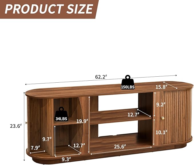Turtle & Myrtle 63" Mid Century Modern TV Stand for Tvs up to 70", Fluted TV Media Console Table with Storage and Adjustable Shelves, Curved Edge Entertainment Center for Living Room (Walnut)