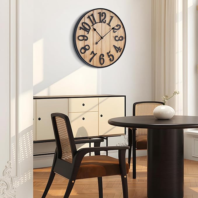 Large Wall Clock 24IN, Silent Metal Wood Style Wall Clocks Battery Operated for Living Room Decor, Farmhouse Big Wall Clock, Outdoor