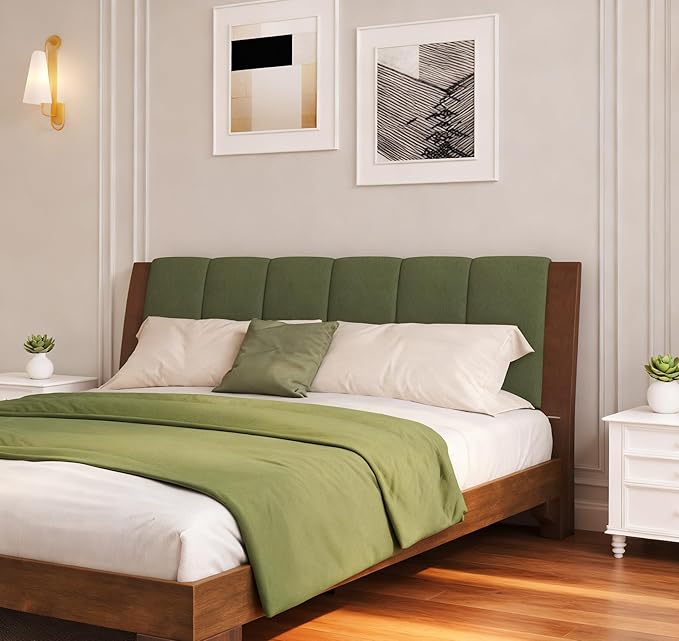 Merax Pine Wood King Bed Frame with Headboard, Mid Century Modern Solid Wood Platform Bed Frame King Size, No Box Spring Needed, Green+Walnut