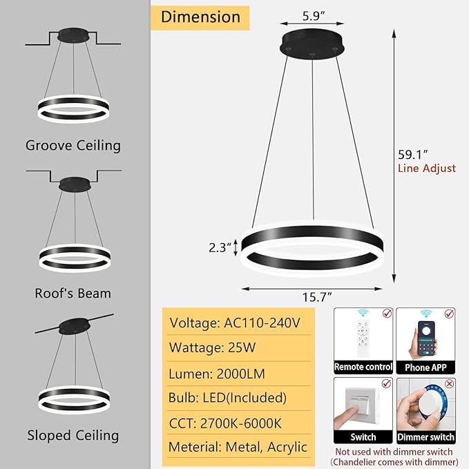 D15.7'' Modern Ring Chandelier for Dining Room LED Dimmable Pendant Lighting High Ceiling Chandelier for Living Room Foyer Bedroom Entryway 3000K-6000K Black