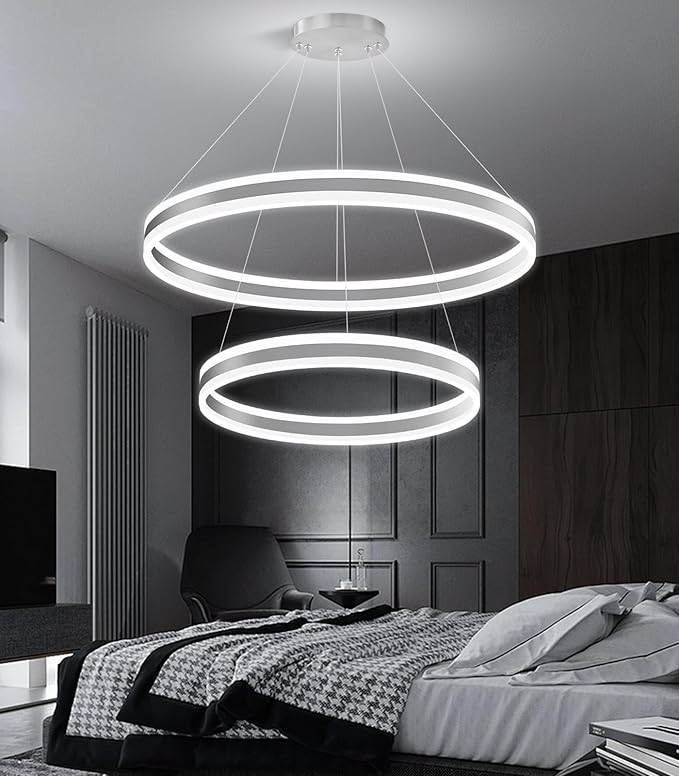 D23.6''+31.5'' Modern Ring Chandelier for Dining Room LED Dimmable Pendant Lighting High Ceiling Chandelier for Living Room Foyer Bedroom Entryway 3000K-6000K Silver