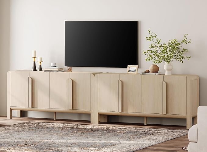 WAMPAT Modern TV Stand for TVs Up to 120 inches, 126" W Farmhouse Entertainment Center with Adjustable Shelf and 4 Doors, Media Console Table TV Cabinet for Living Room, Light Oak