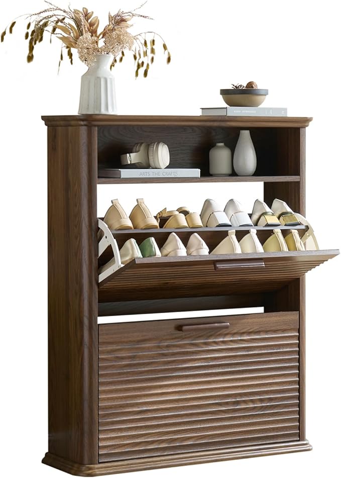 Okvnbjk Fluted Narrow Shoe Cabinet with 2 Flip Drawers, Shoe Storage Cabinet with Open Storage & Curved Profile Design, Wood Shoes Rack for Entryway, Hallway, Dark Walnut
