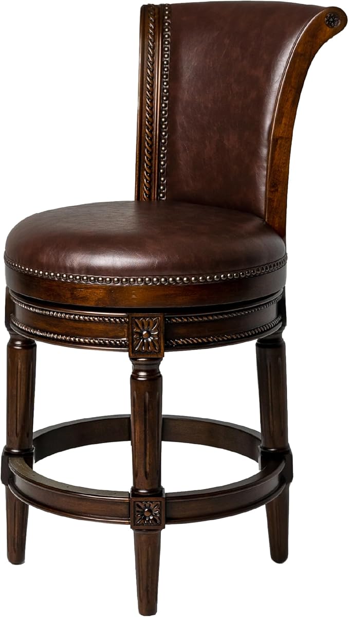 Maven Lane Pullman Counter Stool 26 Inches – Swivel Stool with Footrest – Dark Brown Solid Wood Frame & Brown Faux Leather Upholstery – Perfect for Kitchen Islands & Counters