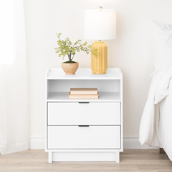 Prepac Simply Modern Nightstand Bedside Table, White Nightstand for Bedroom, End Table with 2 Drawers and Open Shelf 23.75" W x 26.75" H x 16" D