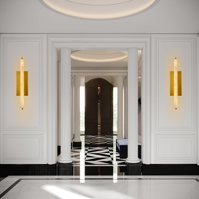 Alabaster Wall Sconces Set of Two, 25" Brass Alabaster Sconce, Spanish Natural Marble Wall Sconce Lamp Indoor, Rectangle Modern Sconces Lighting for Bathroom Living Room Bedroom Stairs Hallway