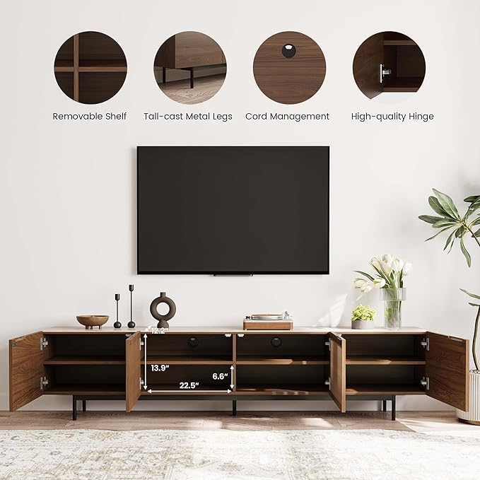 POVISON Mid Century Modern Sintered Stone TV Stand, Slatted Media Console TV Cabinet with Tall-cast Metal Legs, Fluted Entertainment Center with Storage, Fully-Assembled (Walnut, 94.49")