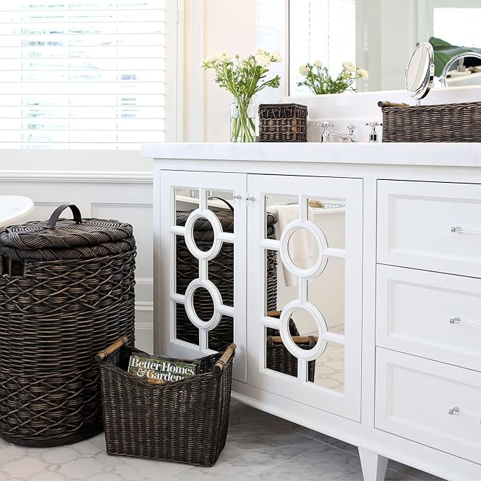 The Basket Lady Long Narrow Pole Handle Wicker Basket, Large, 21 in L x 8 in W x 6 in H, Antique Walnut Brown