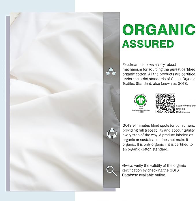 Fabdreams GOTS Certified 100% Organic Cotton Duvet Cover Queen Size - 400 TC Sateen - Soft - Silky - Zipper Closure - Edge Ties - 1 Duvet Cover (90"x92") + 2 Pillow Shams (20"x26") - White, 3 Piece