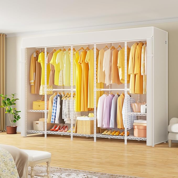 H50C Extra Large Clothes Rack with Cover, Freestanding Portable Closet, Covered Clothing Racks for Hanging Clothes, Heavy Duty Garment Rack, Wardrobe Closet with White Cover Max Load 1350 Lbs
