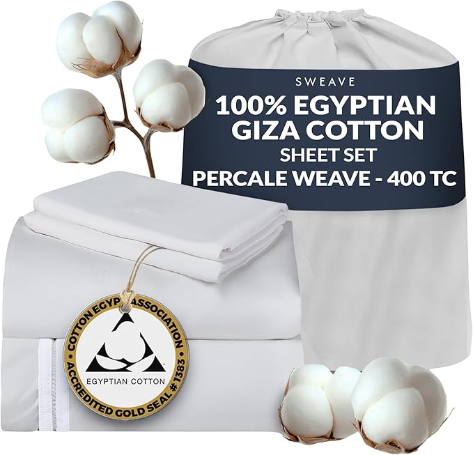 100% Egyptian Cotton Percale Sheets California King - Genuine Luxurious 400 Thread Count - Naturally Crisp, Breathable, Skin-Friendly & Cooling - Softer After Each Wash -Oeko-TEX Certified Giza