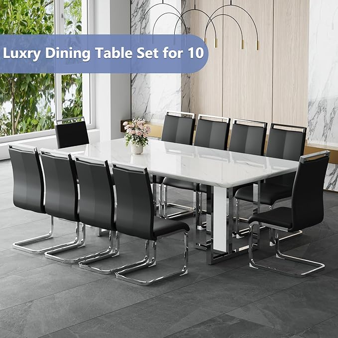 JUFU Dining Table Set for 10, 79'' Dining Table for 8-10 People with Faux Marble Tabletop and Sturdy Leg, White Rectangle Dining Room Table Set for 10 with PU Chairs, Perfect for Big Dining Room
