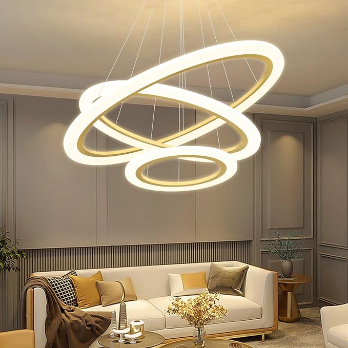 Modern LED Chandelier 3 Ring Chandelier for Dining Room Living Room Pendant Lighting Fixture High Ceiling Hanging LED Pendant Ceiling Light Fixture for Bedroom Foyer Gold
