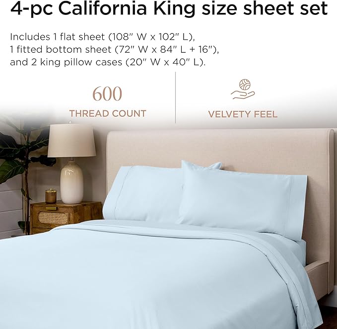 Threadmill 100% Cotton Sheets for Cal King Size Bed - 600 Thread Count Cal King Bed Sheets Set with 16” Deep Pocket - Sateen Weave 4-Piece Bedding Set with Cooling Effect, Blue