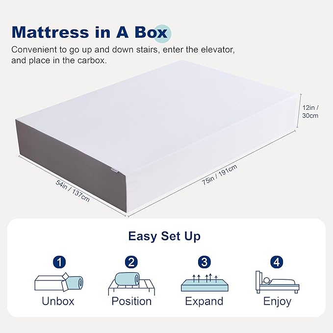 Amazon Basics Memory Foam Mattress, Soft Plush Feel, 12 Inch, Full, White/Grey