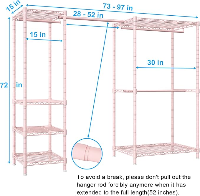 Ulif E10 Clothes Rack（With Stretchable Hanger Rod）Freestanding Clothing Racks for Hanging Clothes，Adjustable Closet Organizer System，Portable Garment Rack 73-97"W x 15" D x 72" H，Max Load 800LBS，Pink