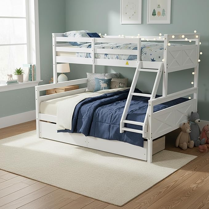 Twin Over Full Bunk Bed with Drawers, Convertible to 2 Separate Beds, Twin Bed Frame with Storage, Ladder and Safety Guardrails, No Box Spring Needed, Perfect for Kids Teens Adults Bedroom, White