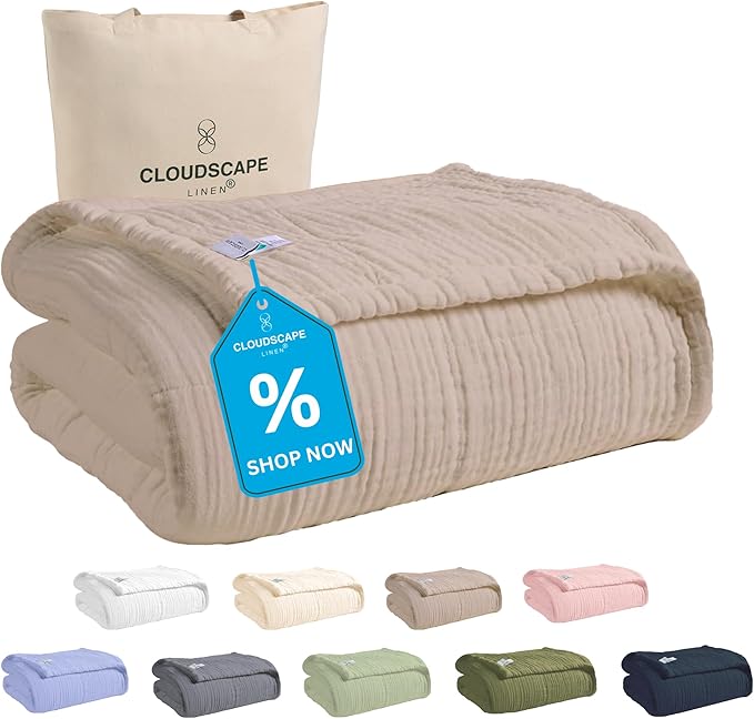 Cloud Scape Linen 100% 8 Layer Cotton Muslin Blanket King Size for Adult, Lightweight & Breathable, All Season Oversized Blanket for Bed, fits California King, 92x108, Fog