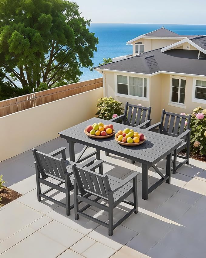 QUASCO Outdoor Patio Dining Set, 5-Piece Rectangular HDPE Dining Table with Umbrella Hole and 4 Chairs, Modern Patio Furniture Dining Sets for Poolside, Deck and Garden, Gray