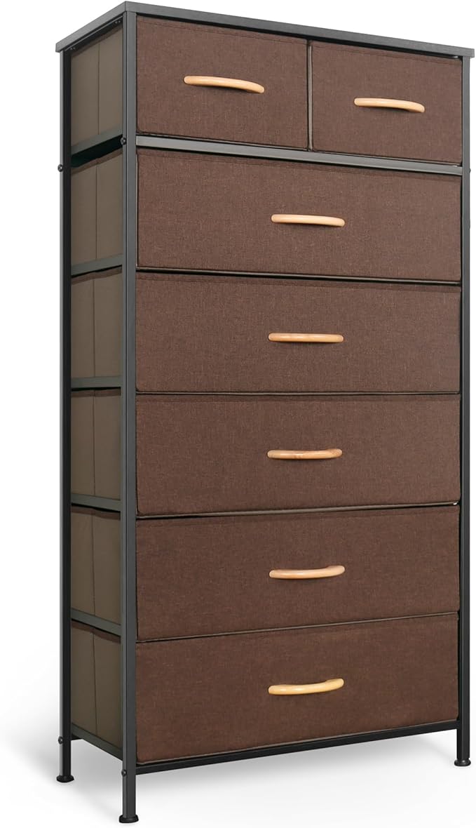 Tall Dresser for Bedroom, Vertical Storage Organizer Tower with 7 Drawers, Chest of Drawers with Fabric Bins, Steel Frame, Wood Top for Bedroom, Closet, Entryway- Brown