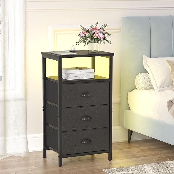 Nightstand with Charging Station,LED Black Nightstand with 3 Fabric Drawers PU Finish, Bedside End Tables, 2-Tier Open Storage Shelf Side Table Nightstand with Drawers for Bedroom,Black