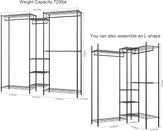 XIOFIO Heavy Duty Garment Rack, Metal Clothing Rack with 4 Hanging Rods and 4 Large Shelves 4 Small Shelves, Freestanding Portable Wardrobe Closet Rack, 68.5"L x 16.5"W x 76.7"H Max Load 720LBS, Black
