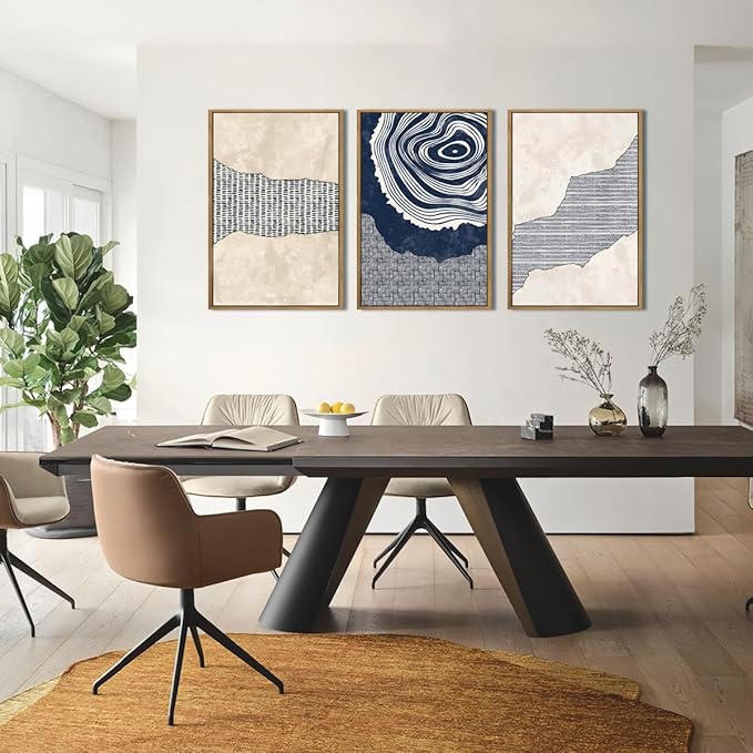 Anyzal Large Navy Blue Tree Rings Wall Art Framed Modern Abstract Neutral Paintings Artwork for Living Room Bedroom Office 16x24 Inch Set of 3