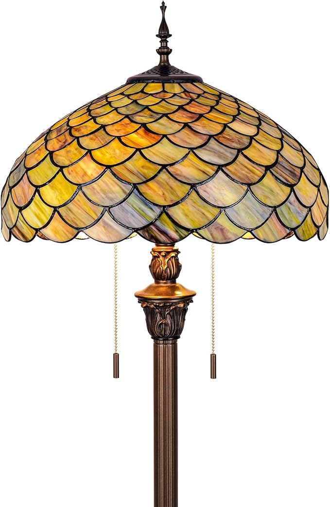 Tiffany Floor Lamp Green Wisteria Style Stained Glass Standing Reading Light 16x16x64 Inch Retro Inspired Pole Corner Lighting Art Decor for Bedroom Living Room Home Office (Green Fishscale)