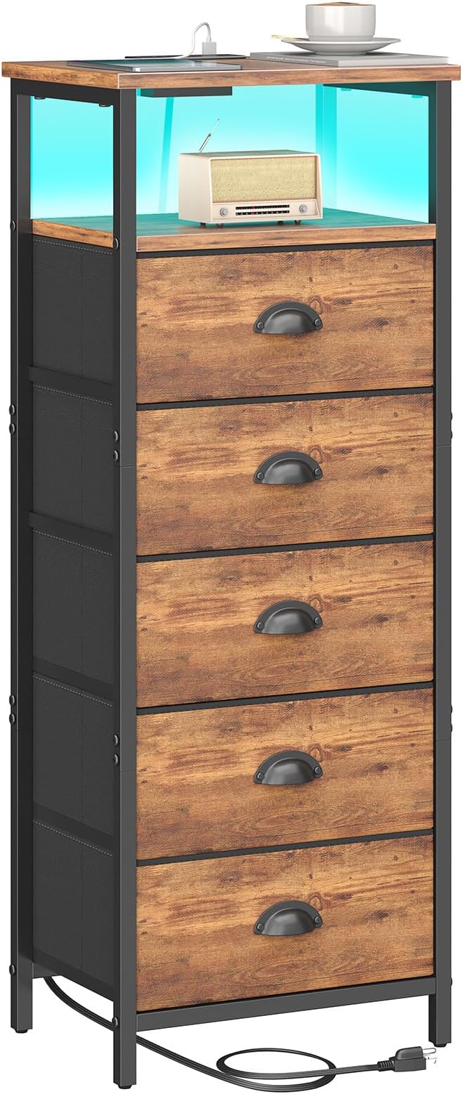 Nightstand with Charging Station,LED Night Stand with 5 Fabric Drawers, Bedside End Tables, 2-Tier Open Storage Shelf Side Table Nightstands with Drawers for Bedroom,Rustic Brown