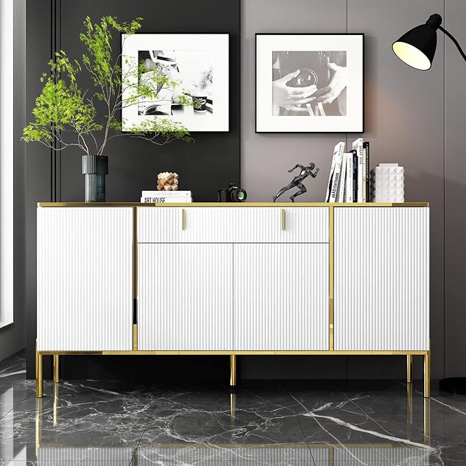FAMAPY Modern Credenza Sideboard Buffet with Drawer & Pop-Up Doors, Buffet Sideboard Storage Cabinet with Gold Metal Legs, for Living Room Hallway White and Gold (63”W x 15.7”D x 31.5”H)