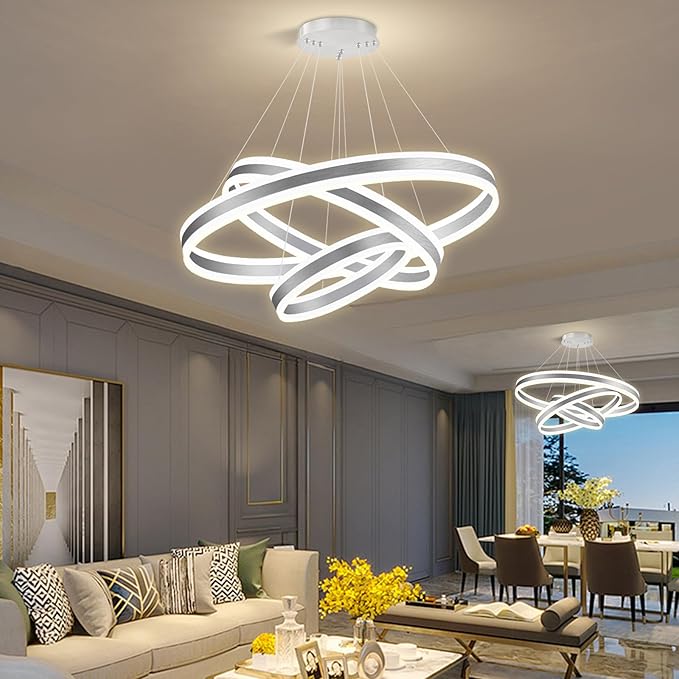 Modern LED Dimmable Chandeliers for Dining Room 3-Rings High Ceiling Chandelier for Living Room Adjustable Pendant Light Flush Mount Light Fixture for Foyer Entryway Bedroom |Silver