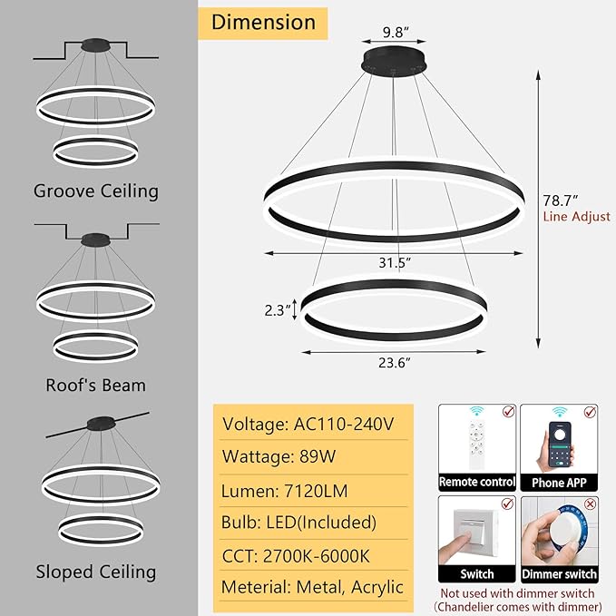 D23.6''+31.5'' Modern Ring Chandelier for Dining Room LED Dimmable Pendant Lighting High Ceiling Chandelier for Living Room Foyer Bedroom Entryway 3000K-6000K Black
