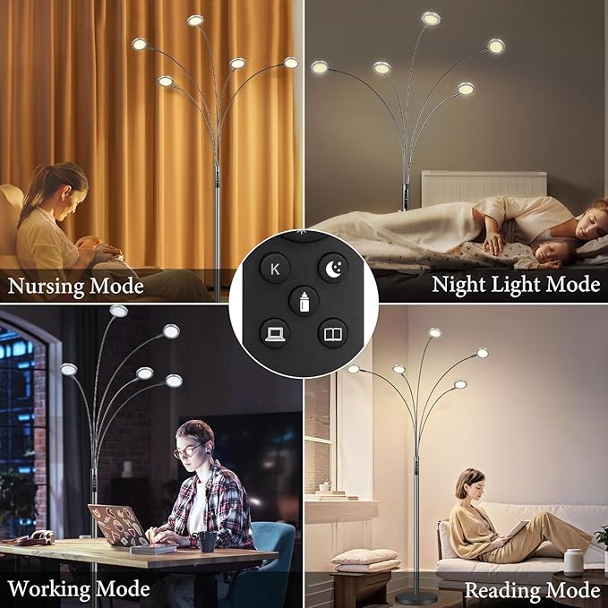 LED Arc Floor Lamp with Remote, 2250LM Dimmable Black Chrome Floor Lamp with Timer, Adjustable Colors, Brightness & 5 Adjustable Arms, Multi-Head Tall Tree Standing Lamp for Living Room Bedroom Office