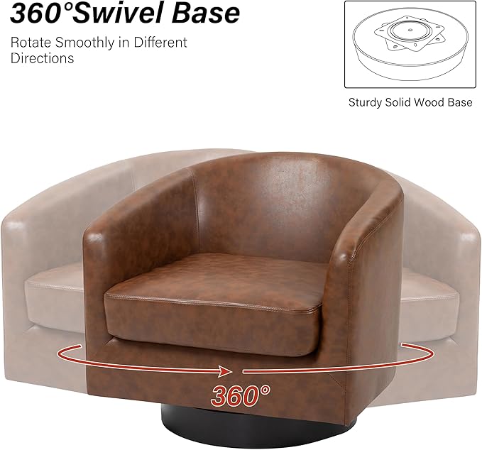 Swivel Barrel Chair, Modern Round PU Leather Accent Armchair for Living Room, Bedroom, Oversized Comfy Club Reading Chairs for Adults (Leather Coffee, Set of 1)