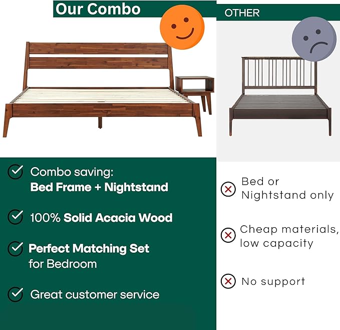 Acacia 2-Pcs King Bedroom Set Callisto – Solid Wood Platform Bed Frame with Headboard & Matching Nightstand, Mid-Century Modern, Walnut Finish, No Box Spring Needed, Sturdy, Easy Assembly