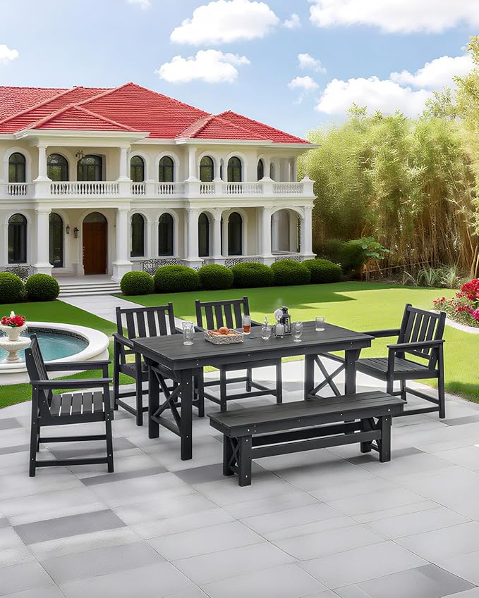 QUASCO Outdoor Dining Set for 6, HDPE Patio Dining Furniture Set with Umbrella Hole Table and 4 Chairs and 1 Bench, All Weather Outdoor Outdoor Dining Bench Sets for Garden, Lawn, Black