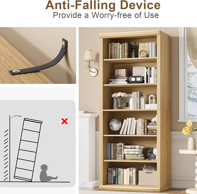 Rresyet Bookcase and Bookshelves, 28" W Tall Bookshelf with Elegant Design, 6 Tiers Spacious Book Storage, Freestanding Book Organizer, Display Library Shelf for Home Office, Living Room & Study Room