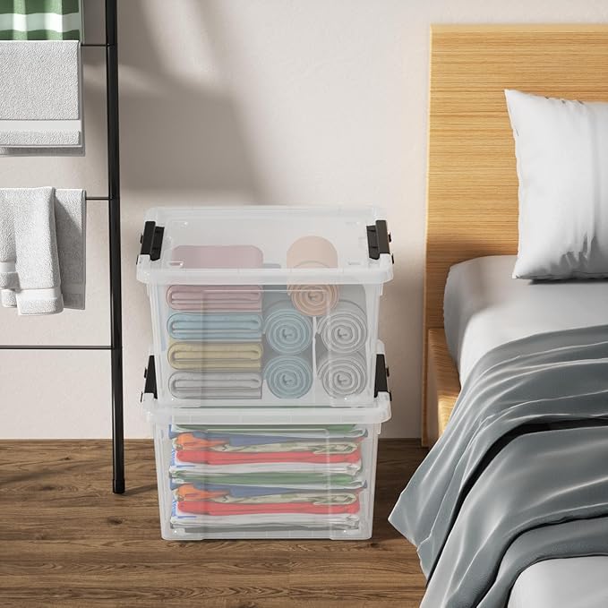 22 Qt Latching Storage Box, Stackable Bin with Latch Lid, Plastic Storage Container Tote, Clear, 4-Pack