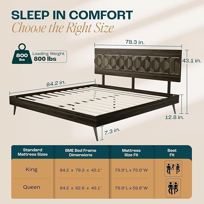 Bme Georgina King Size Bed Frame and Headboard, Signature Handcrafted Geometric, US Patent Pending Design, Solid Wood, No Box Spring Needed, 12 Strong Wood Slats Support, Easy Assembly, Mocha