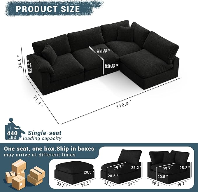 Oversized Cloud Sectional Couches for Living Room, 110.8" Comfy Down Filled Couch, Convertible 4 Seater Modular Sectional Sofa with Removable Covers, Deep Seat Modular Couch, Black
