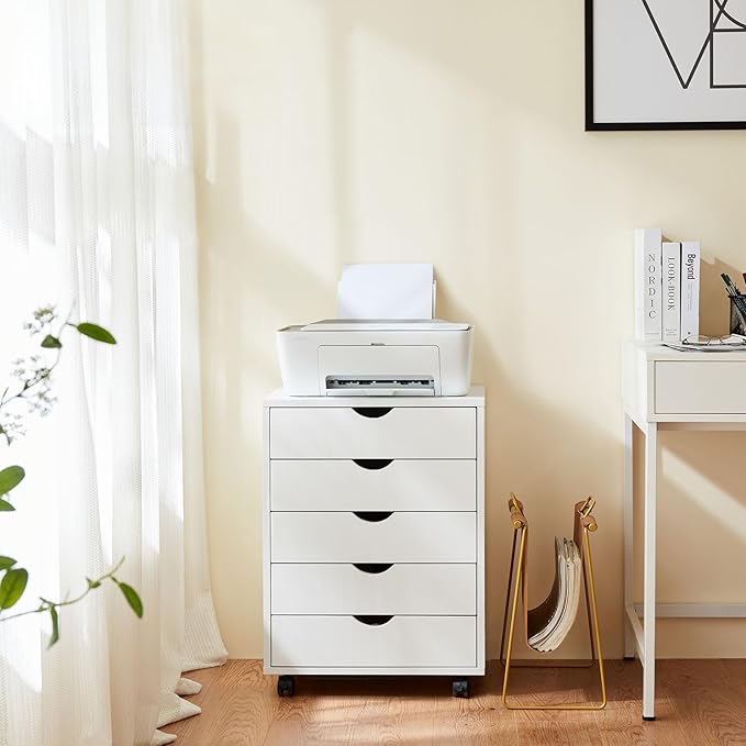 5 Drawer Chest, Storage Cabinets Wooden Mobile Cabinet with Wheels Room Organizer, Small Drawers Wood Organization Furniture for Office, Home, White