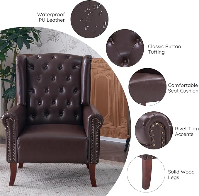 MOJAY Mid-Century Modern Living Room Chairs Set of 2, Upholstered Faux Leather Accent Chairs Club Arm Chair, Single Sofa Chair with Solid Wooden Legs for Bedroom Study Home Office Lounges(Caramel)