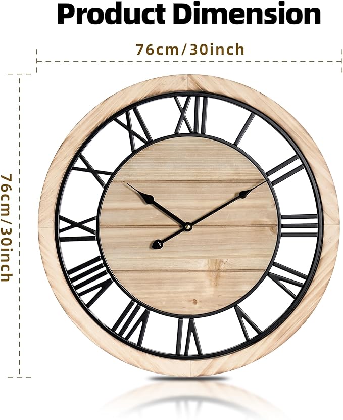 Maxstar 30'' Wall Clock for Living Room Decor, Silent Rustic Wooden Farmhouse Wall Clock with Metal & Real Wood Frame, Battery Operated, for Kitchen Bedroom Office, Roman Numerals