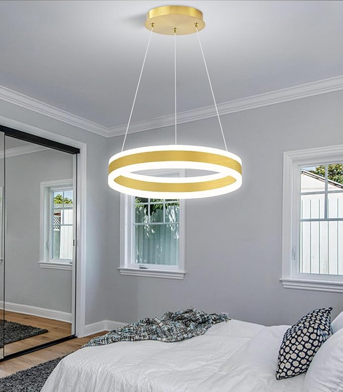 D15.7'' Modern Ring Chandelier for Dining Room LED Dimmable Pendant Lighting High Ceiling Chandelier for Living Room Foyer Bedroom Entryway 3000K-6000K Gold