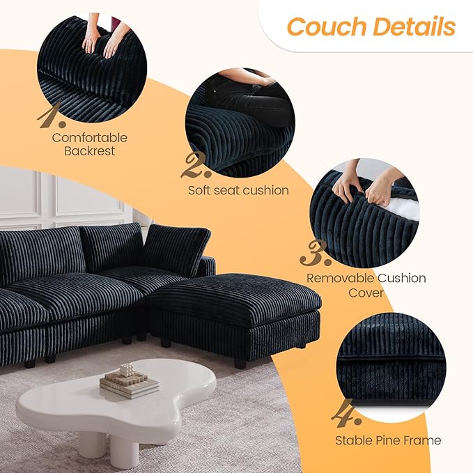 JACH Modern U Shape Sectional Couch, Convertable Modular Couches with Chaise Ottomans, Deep Seat Sofas, Sofa Covers Washable, Minimalist Plush Sofa for Living Room, Apartment, Black