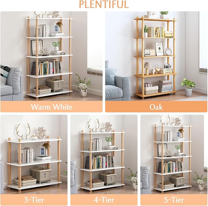 IOTXY 4-Tier Wooden Shelf Bookcase - Modern Open Bookshelf, Free Standing Storage Rack, Multifunctional Display Stand for Home and Office, White, Rectangle