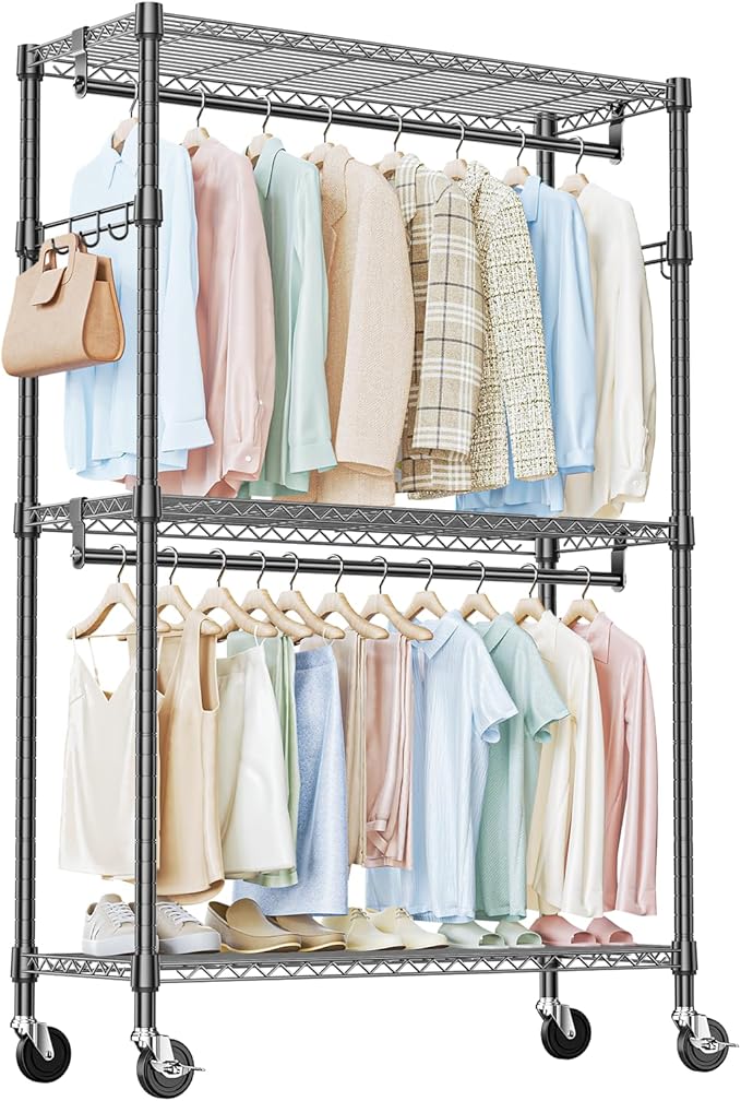 IZEUK Heavy Duty Rolling Garment Rack with 3 Adjustable Wire Shelves, Hanging Rod & Side Hooks - Extra Large Mobile Clothes Rack with Wheels, 47.2" W x 17.7" D x 83.6" H, Black
