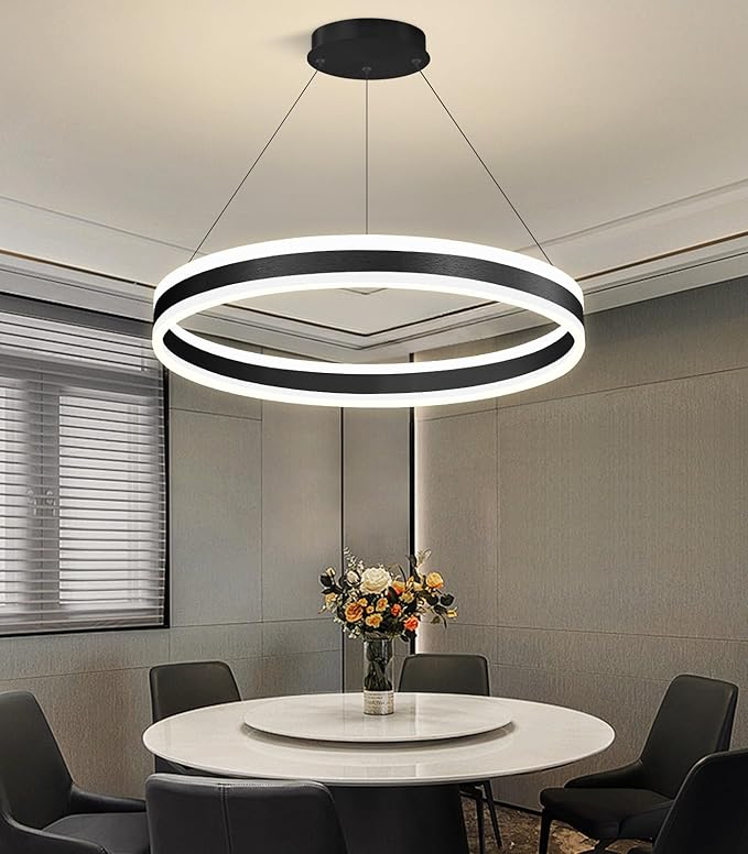 D23.6'' Modern Ring Chandelier for Dining Room LED Dimmable Pendant Lighting High Ceiling Chandelier for Living Room Foyer Bedroom Entryway 3000K-6000K Black